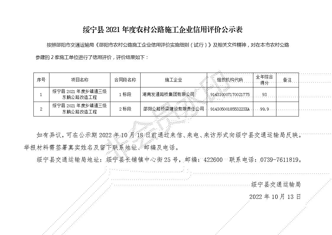 绥宁县2021年度农村公路施工企业信用评价公示表_邵阳头条网