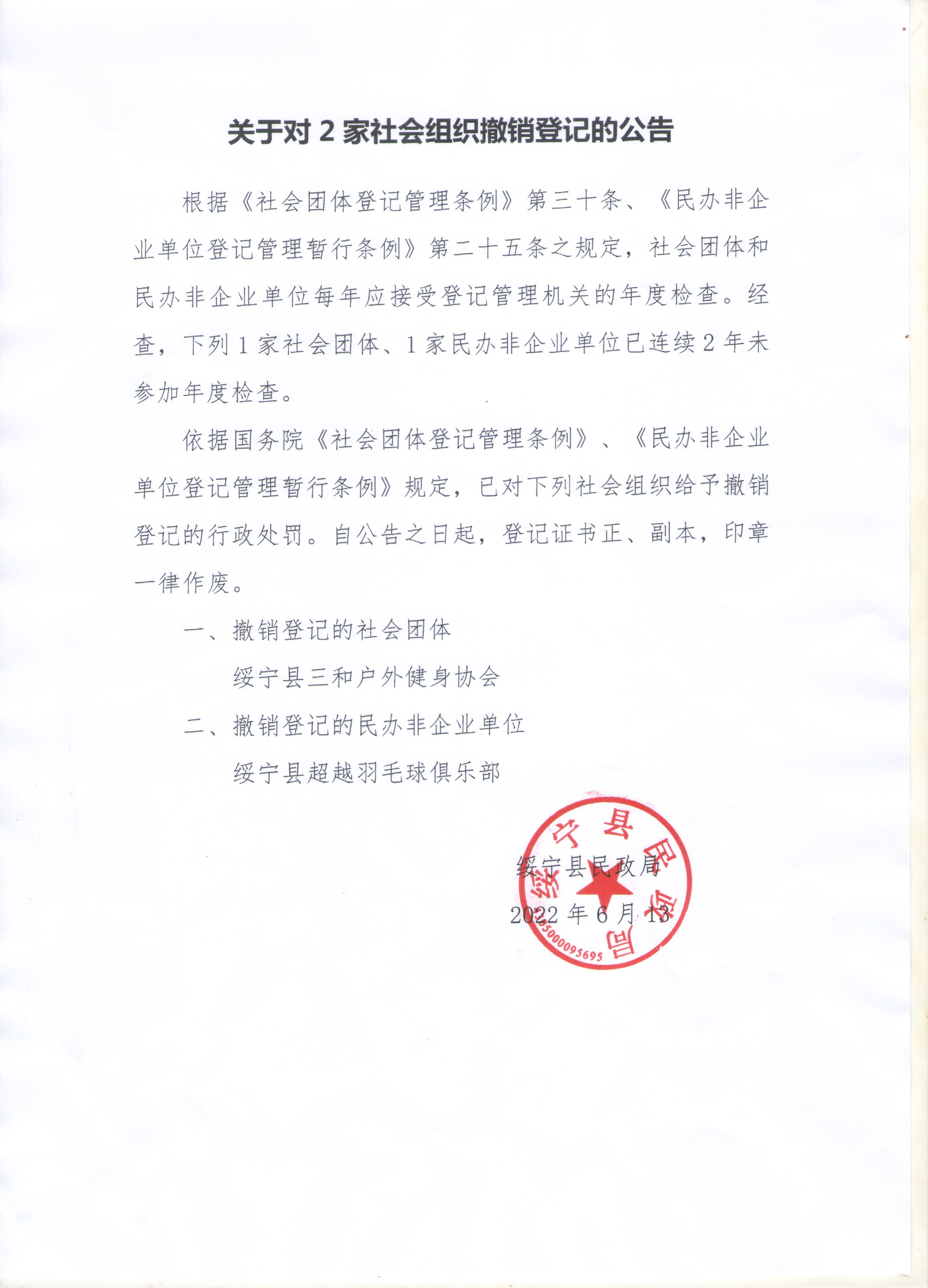绥宁县社会组织注销登记公告（2022年5月）_邵商网