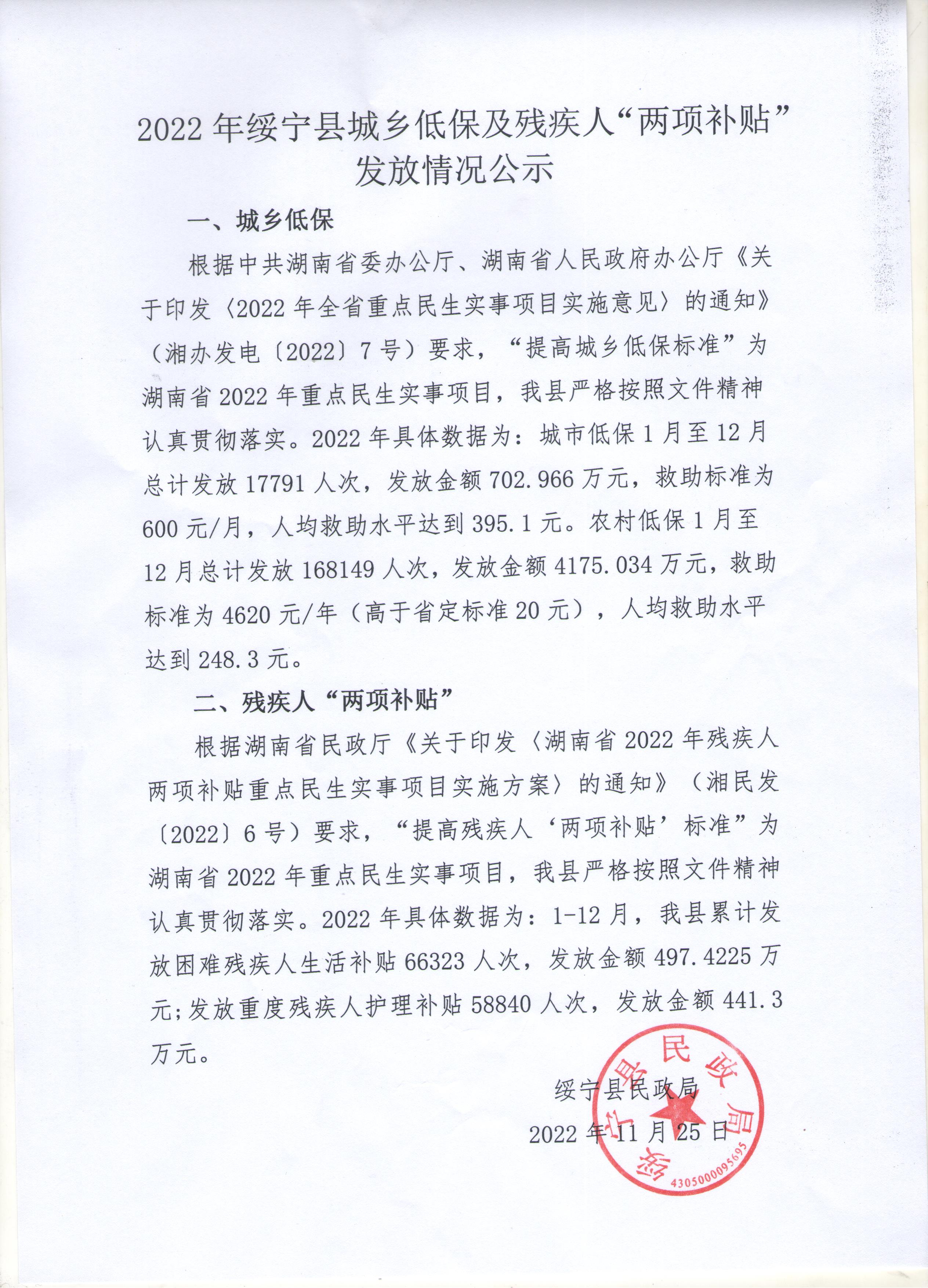 2022年绥宁县城乡低保及残疾人“两项补贴”发放情况公示_邵阳头条网