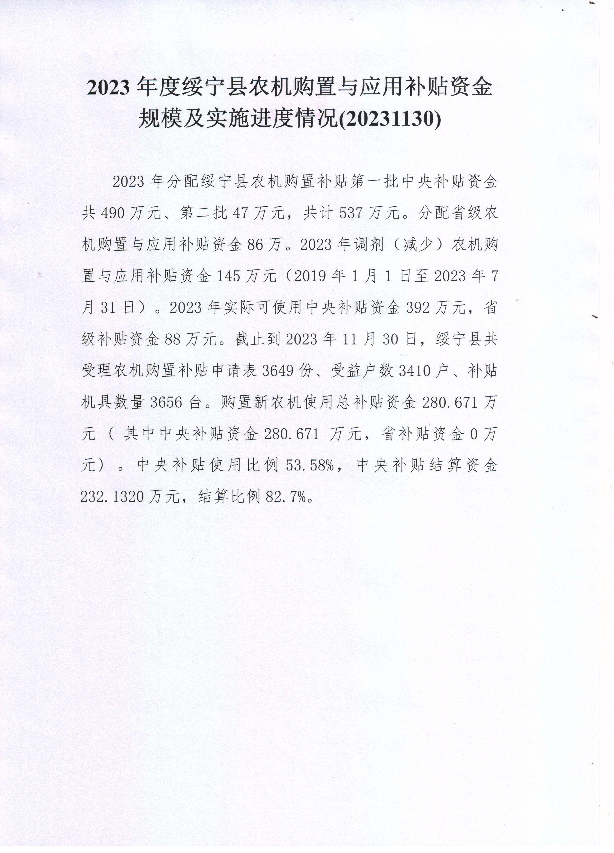 2023年度绥宁县农机购置与应用补贴资金规模及实施进度情况（20231130）(图1)