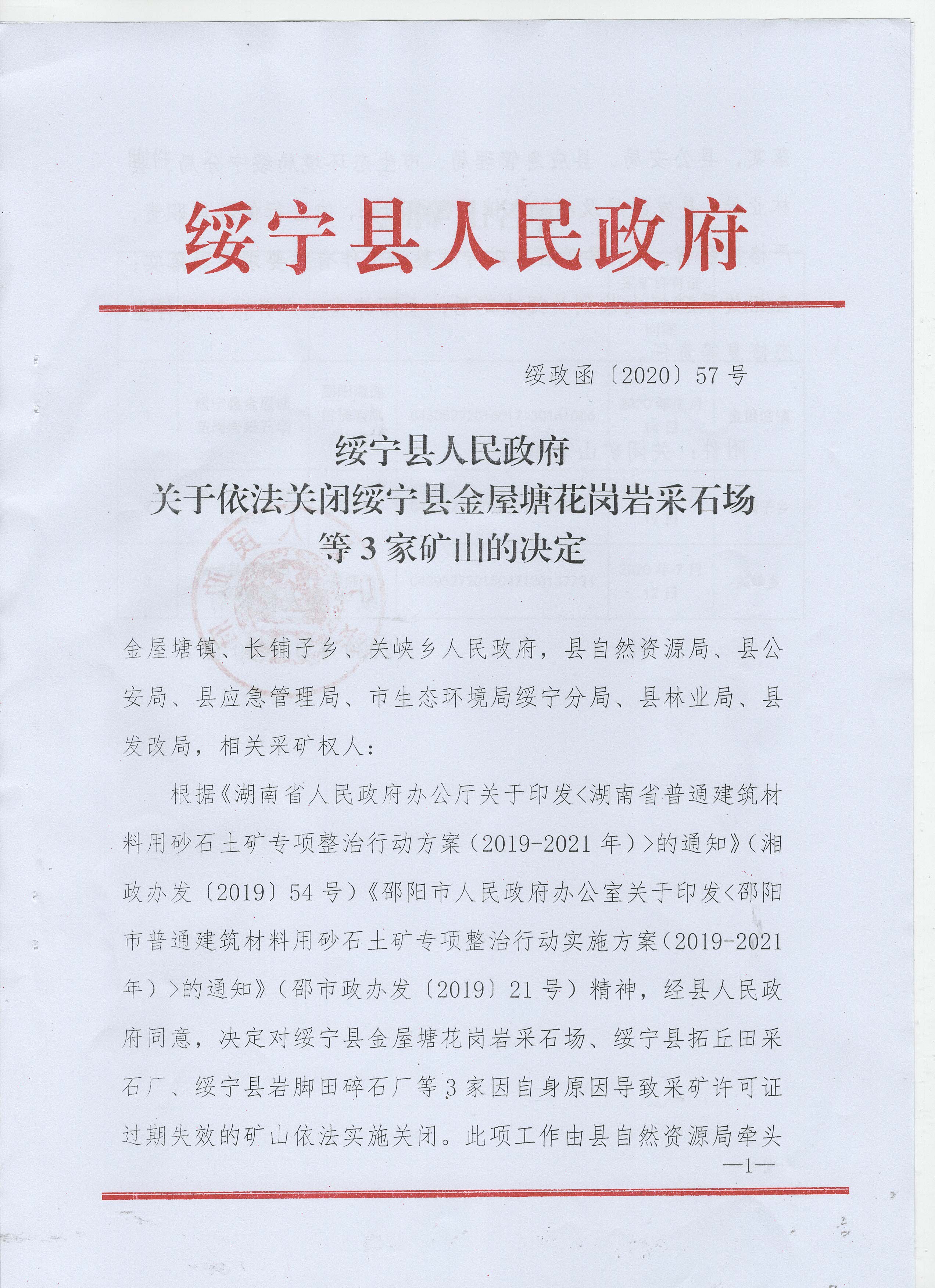 绥宁县人民政府关于依法关闭绥宁县金屋塘花岗岩采石场等3家矿山的决定(图1)